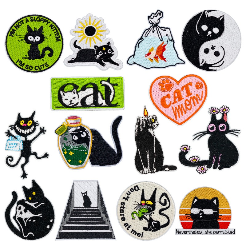 Embroidery On Black Shirt - Funny Black Cat Round Heart Iron-on