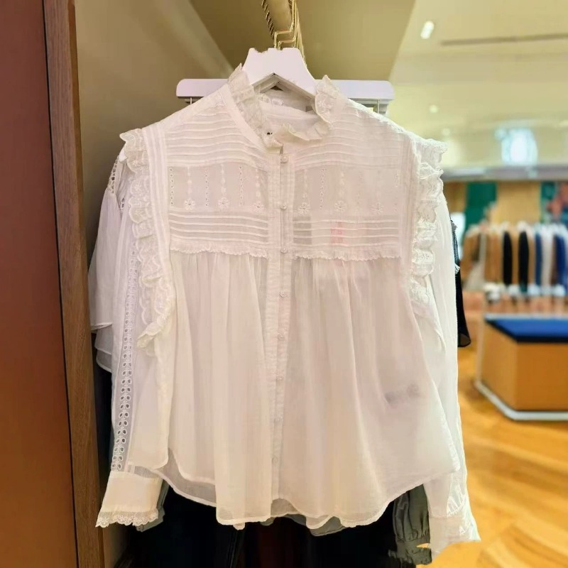 Embroidery Eyelet - Women Ruffle Mock Neck Sleeveless Blouse