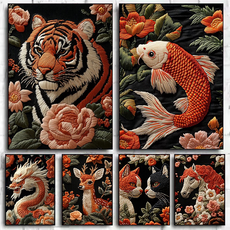 Embroidery Art Painting - 1PC Embroidery Style Art Animals Poster