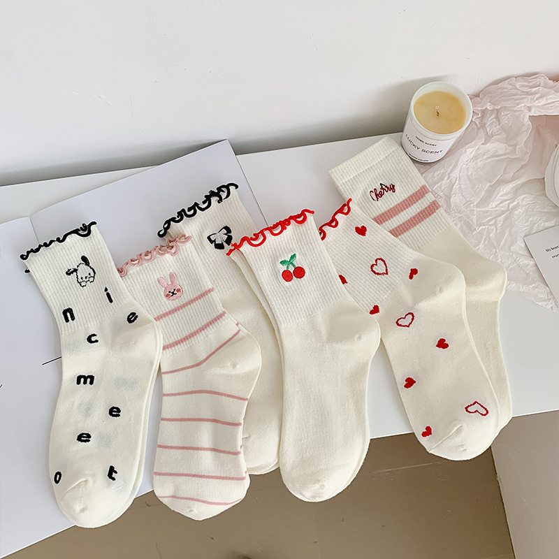 Embroidery Rabbit - Women Socks Cotton Cute Rabbit Cherry
