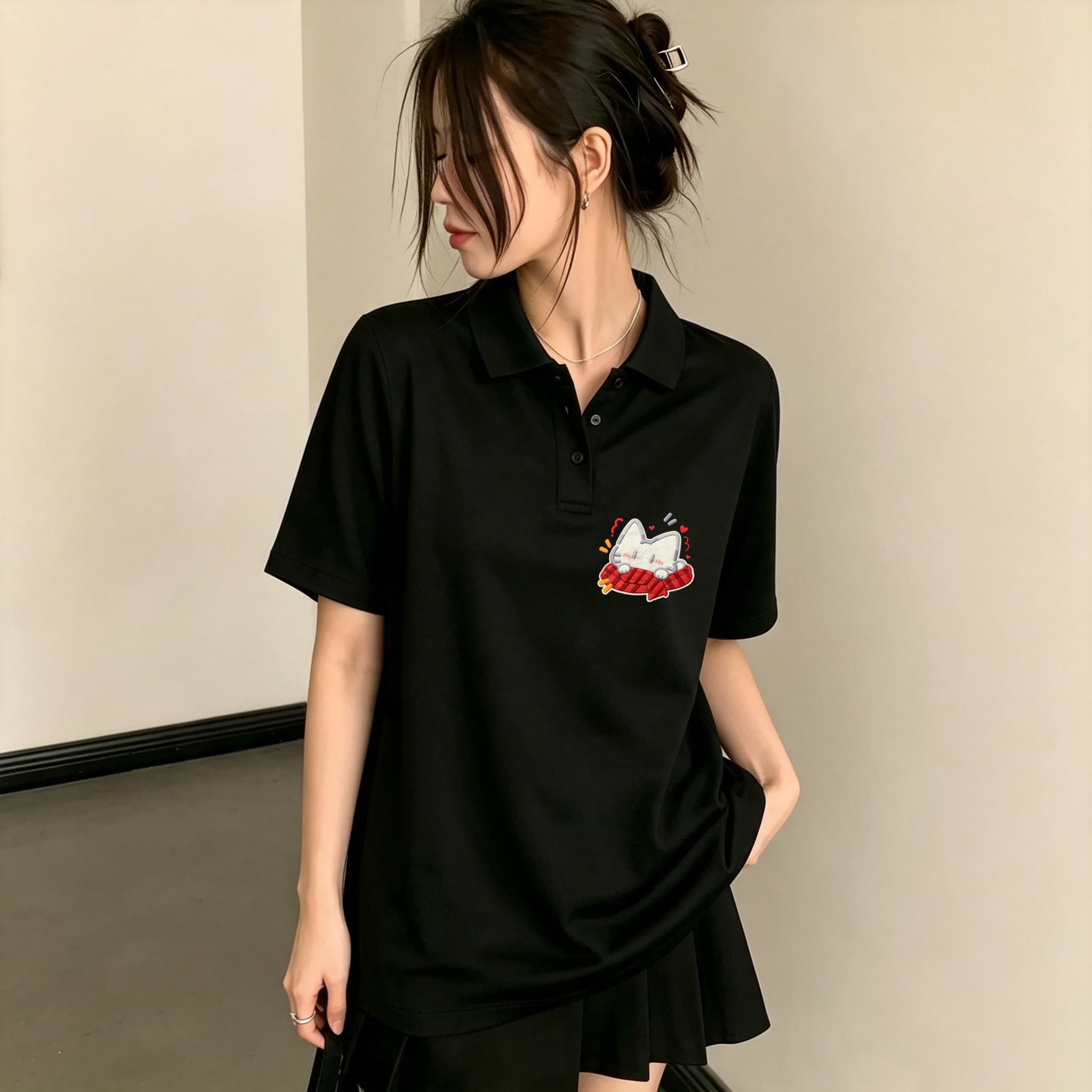 Embroidery On Black Shirt - Women Black Lapel Collar Polo Shirt