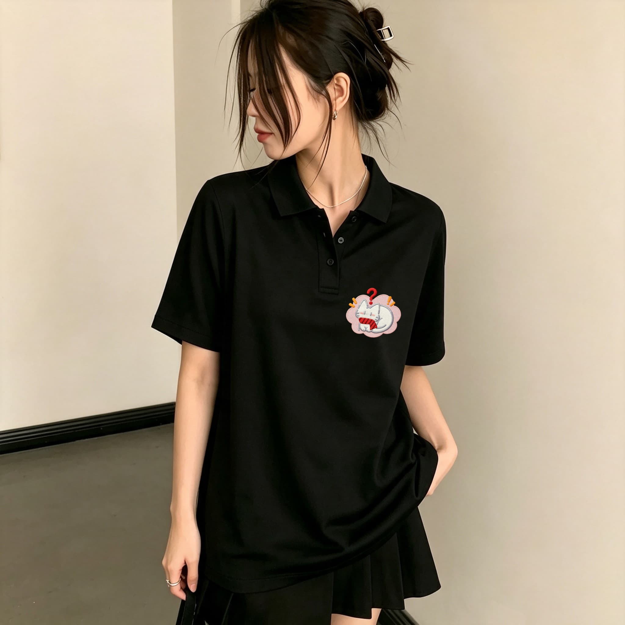 Embroidery On Black Shirt - Women Black Lapel Collar Polo Shirt