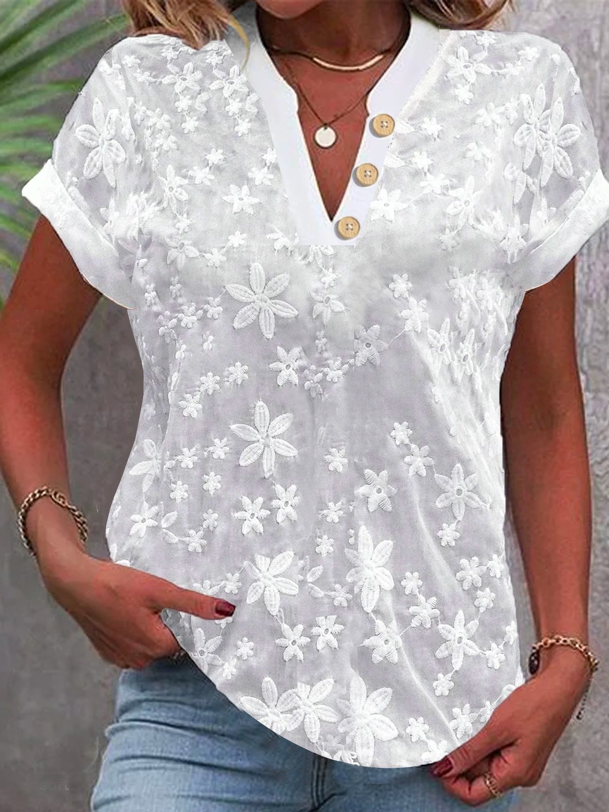 Cropped Shirt White Lace Blous - Embroidery Eyelet 评论和价格