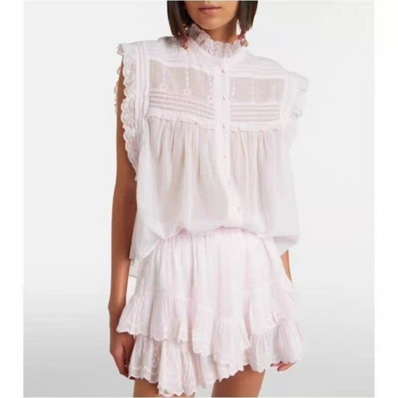 Women Ruffle Mock Neck Sleevel - Embroidery Eyelet 评论和价格