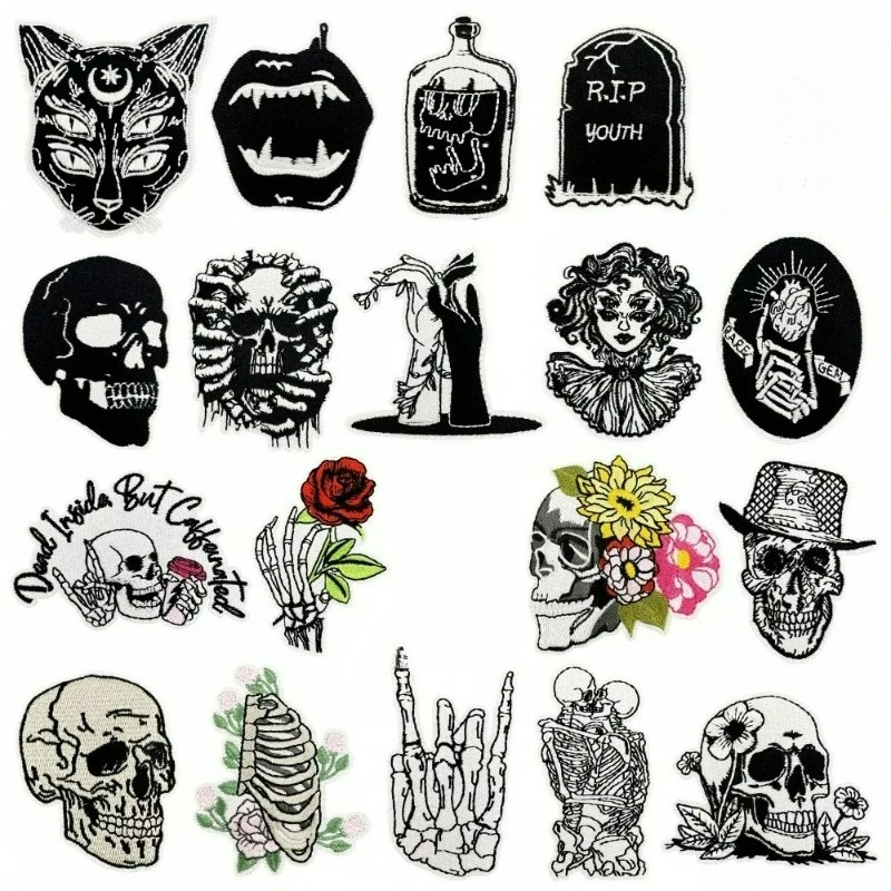 Black Punk Terro Skull Roses C - Embroidery On Black Shirt 评论和价格