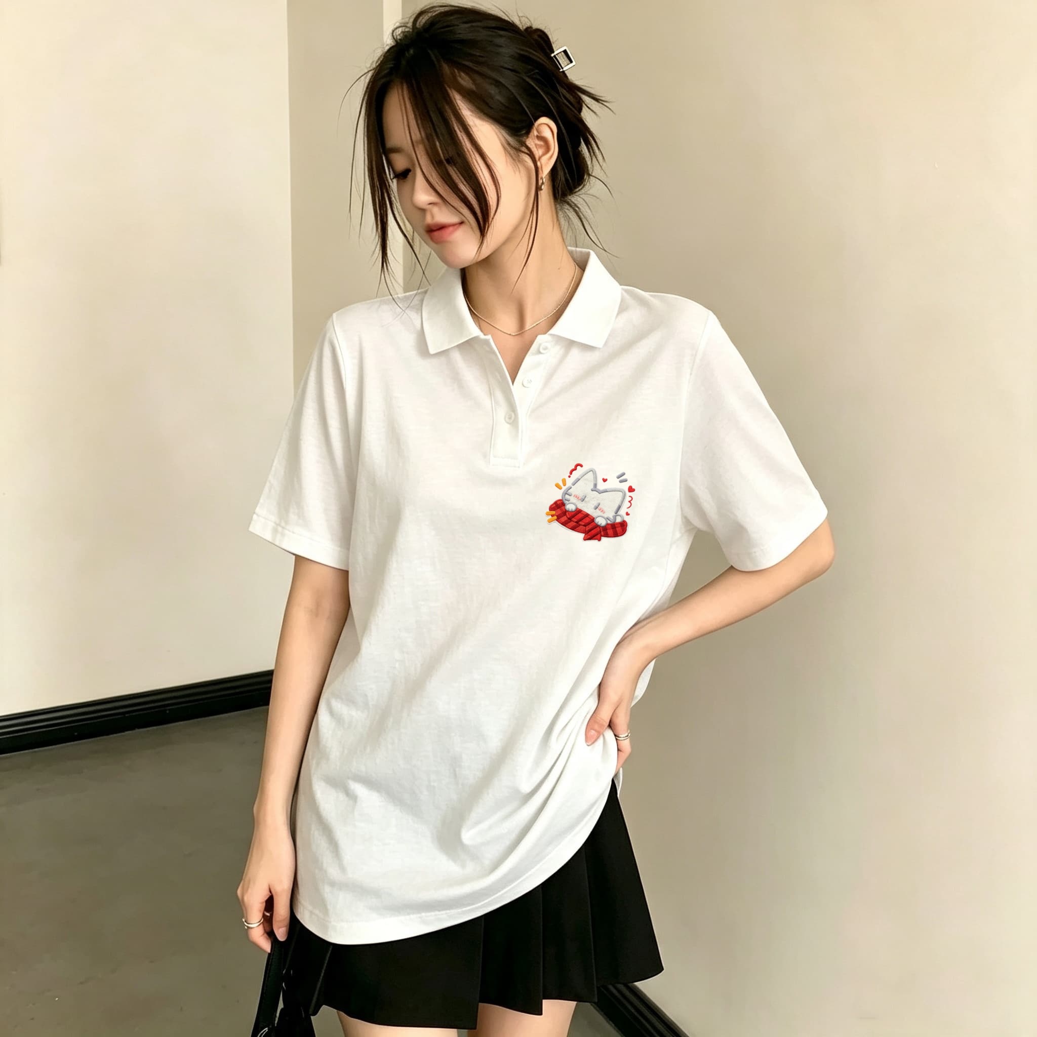 Women Black Lapel Collar Polo  - Embroidery On Black Shirt 评论和价格